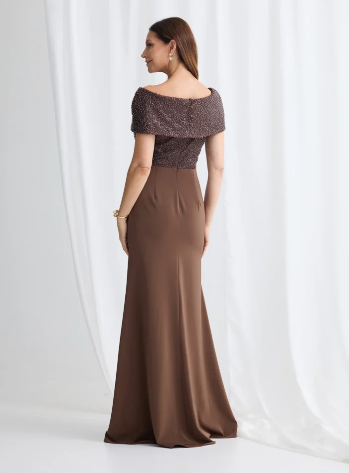 Veronica Beaded Off Shoulder Gown in Chocolate Mother of the Groom Dress