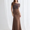 Veronica Beaded Off Shoulder Gown in Chocolate Mother of the Groom Dress