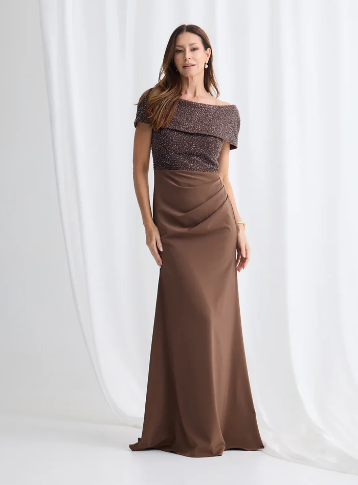 Veronica Beaded Off Shoulder Gown in Chocolate Mother of the Groom Dress