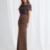 Veronica Beaded Off Shoulder Gown in Chocolate Mother of the Groom Dress