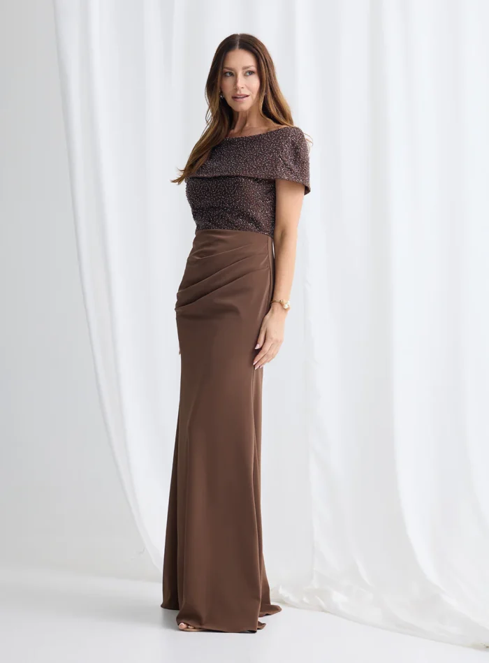 Veronica Beaded Off Shoulder Gown in Chocolate Mother of the Groom Dress
