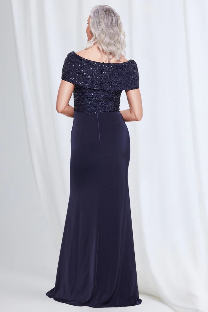 Veronica Beaded Off Shoulder Gown in Navy Mother of the Groom Dress