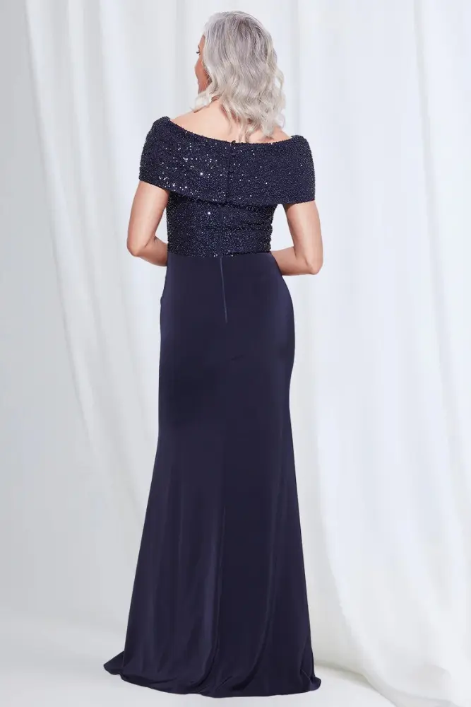 Veronica Beaded Off Shoulder Gown in Navy Mother of the Groom Dress