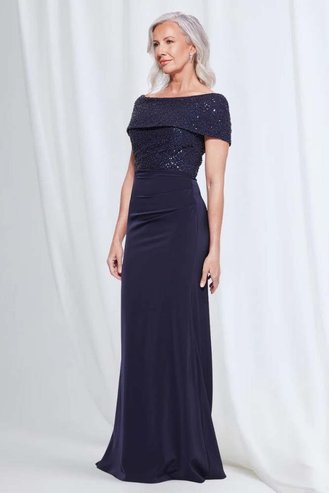 Veronica Beaded Off Shoulder Gown in Navy Mother of the Groom Dress