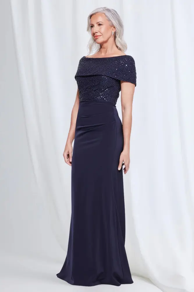 Veronica Beaded Off Shoulder Gown in Navy Mother of the Groom Dress