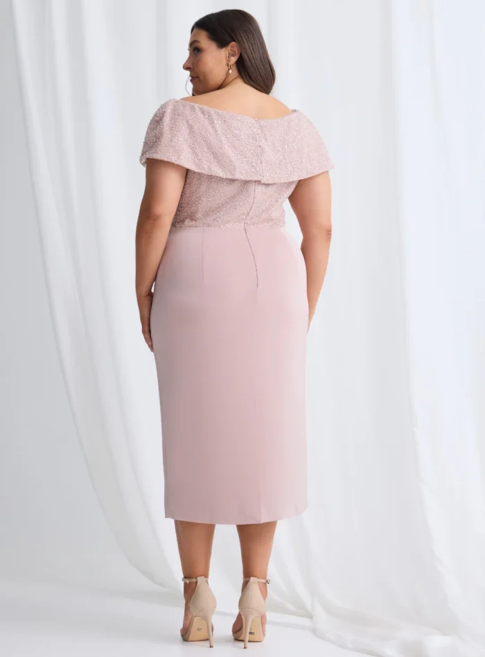 Veronica Off Shoulder Blush Midi Beaded Dress Detail in Blush Mother of the Bride Dress