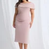 Veronica Off Shoulder Blush Midi Beaded Dress Detail in Blush Mother of the Bride Dress