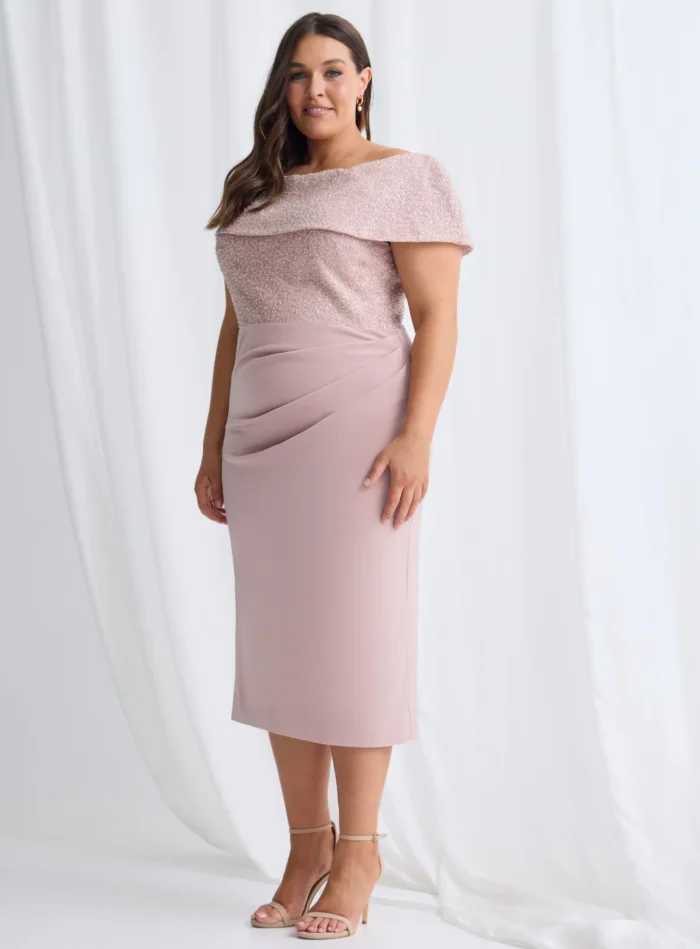 Veronica Off Shoulder Blush Midi Beaded Dress Detail in Blush Mother of the Bride Dress
