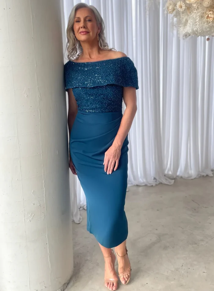Veronica Off Shoulder Blush Midi Beaded Dress Detail in Teal Mother of the Bride Dress
