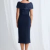Veronica Off Shoulder Blush Midi Beaded Dress Detail in Navy Mother of the Bride Dress