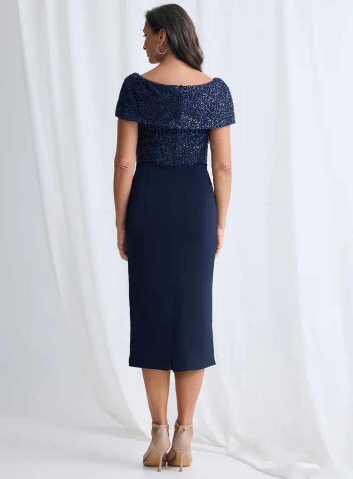 Veronica Off Shoulder Blush Midi Beaded Dress Detail in Navy Mother of the Bride Dress