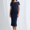 Veronica Off Shoulder Blush Midi Beaded Dress Detail in Navy Mother of the Bride Dress