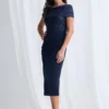 Veronica Off Shoulder Blush Midi Beaded Dress Detail in Navy Mother of the Bride Dress