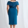 Veronica Off Shoulder Blush Midi Beaded Dress Detail in Teal Mother of the Bride Dress