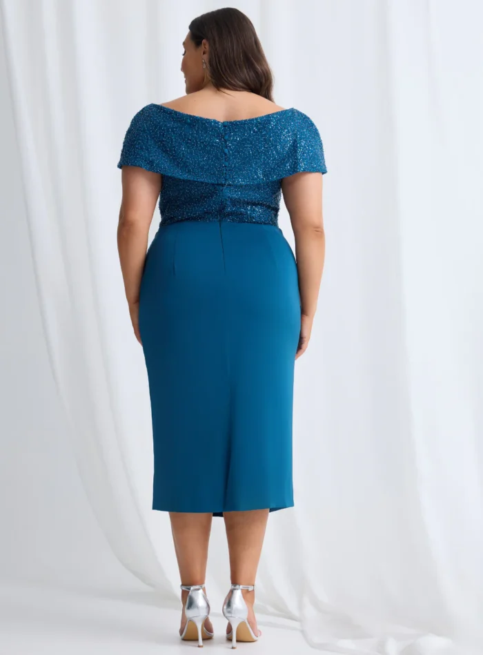 Veronica Off Shoulder Blush Midi Beaded Dress Detail in Teal Mother of the Bride Dress