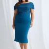 Veronica Off Shoulder Blush Midi Beaded Dress Detail in Teal Mother of the Bride Dress