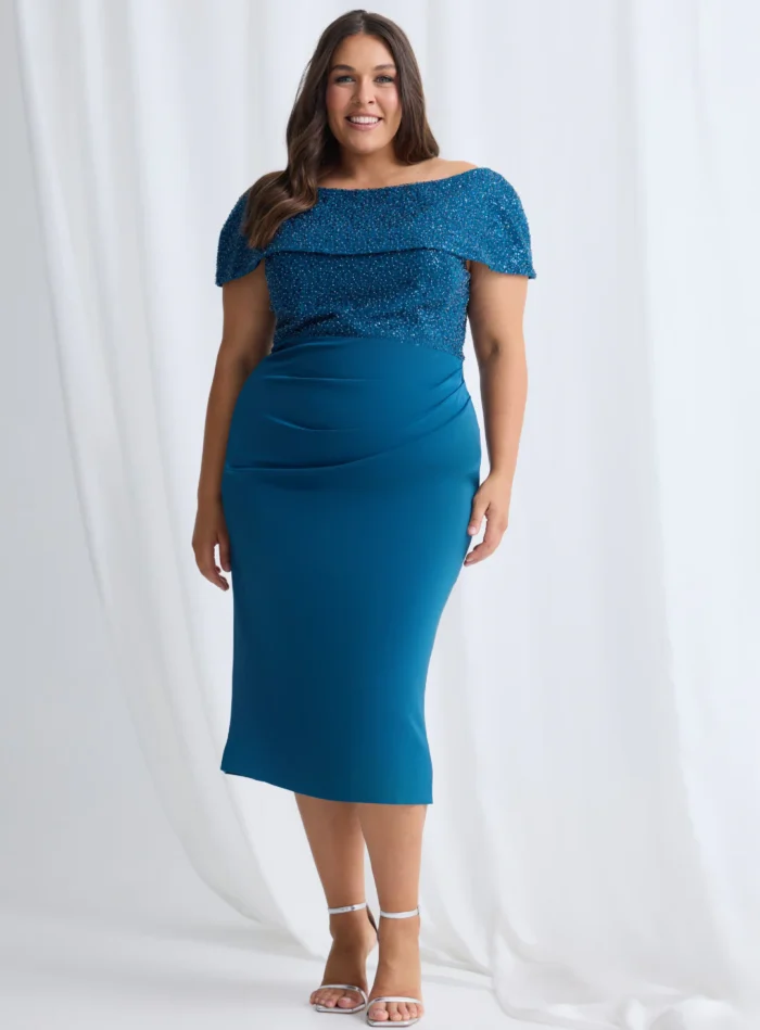Veronica Off Shoulder Blush Midi Beaded Dress Detail in Teal Mother of the Bride Dress