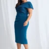 Veronica Off Shoulder Blush Midi Beaded Dress Detail in Teal Mother of the Bride Dress