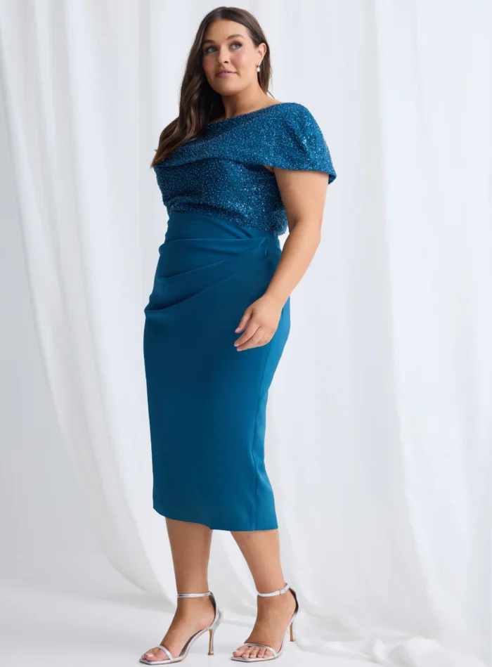 Veronica Off Shoulder Blush Midi Beaded Dress Detail in Teal Mother of the Bride Dress