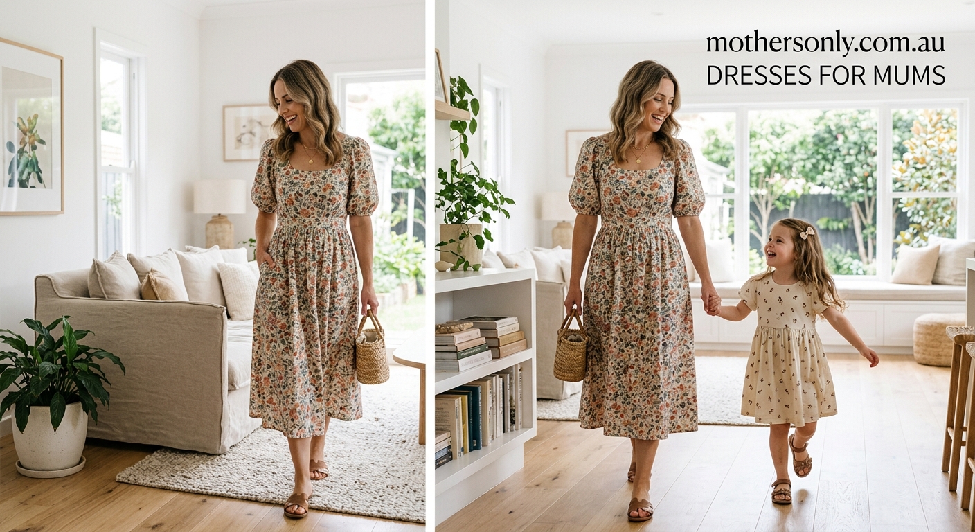 Hero lifestyle shot: Dresses for Mums Who in a bright, clean setting, natural light, editorial photography style — for m