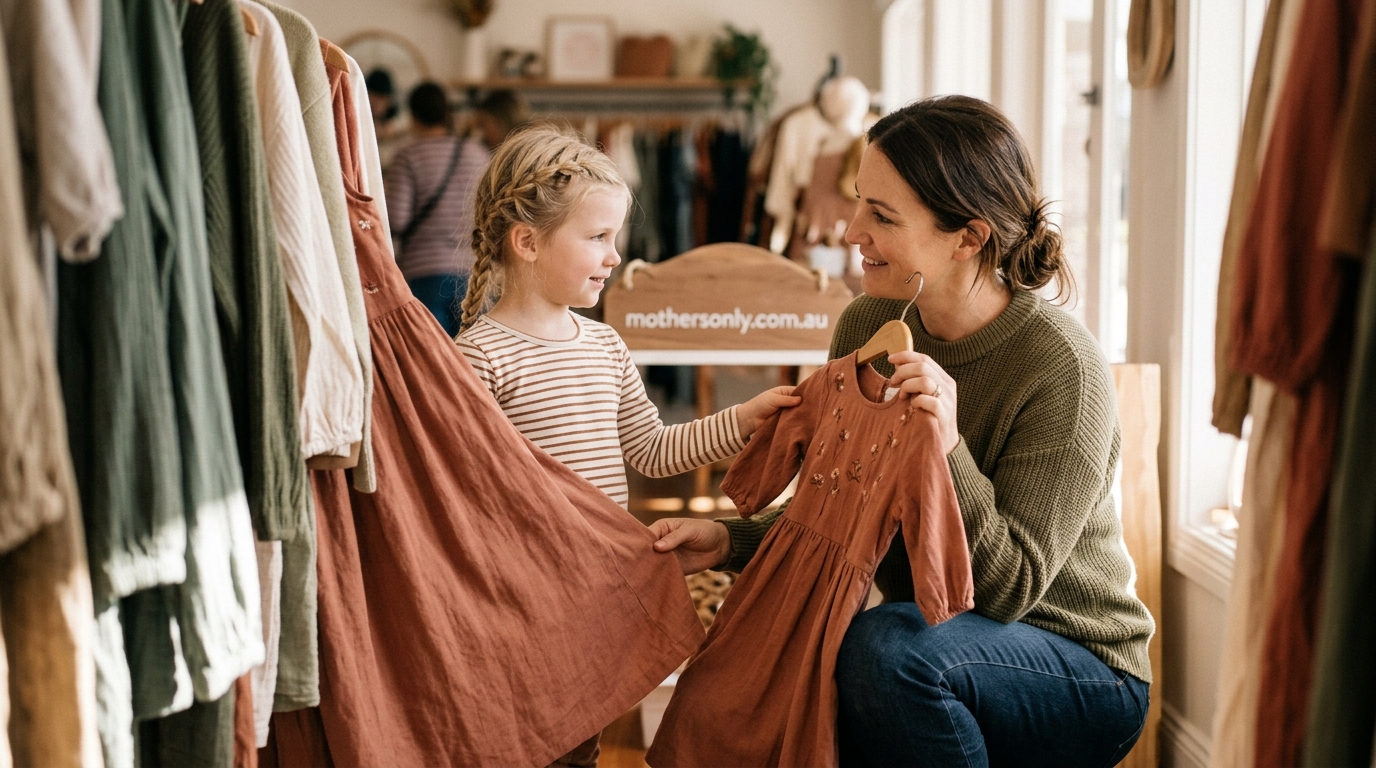 Mid-article supporting image: person interacting with or selecting Dresses for Mums Who, warm authentic moment — for mot