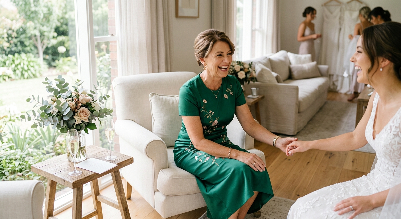 Hero lifestyle shot: Mother of the Bride in a bright, clean setting, natural light, editorial photography style — for mo