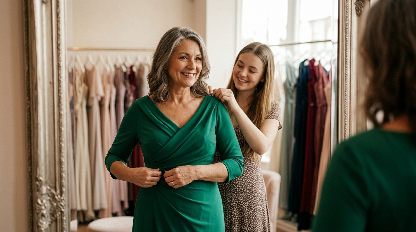 Mid-article supporting image: person interacting with or selecting Mother of the Bride, warm authentic moment — for moth