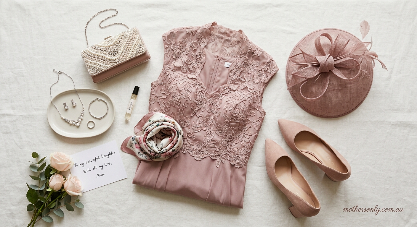 Detail close-up or styled flat-lay of Mother of the Bride with complementary accessories on a clean surface — for mother