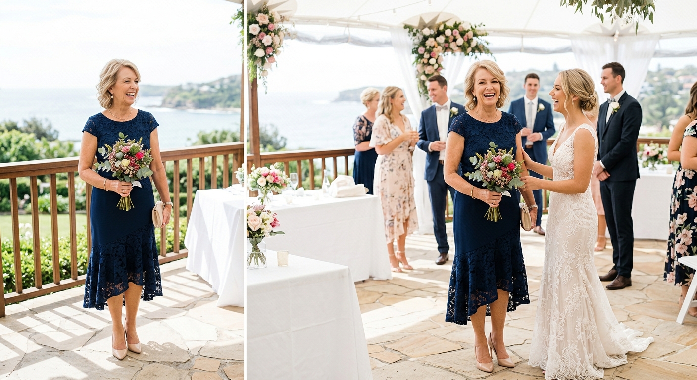 Hero lifestyle shot: Mother of the Bride in a bright, clean setting, natural light, editorial photography style — for mo