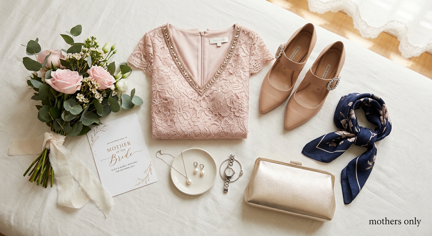 Detail close-up or styled flat-lay of Mother of the Bride with complementary accessories on a clean surface — for mother