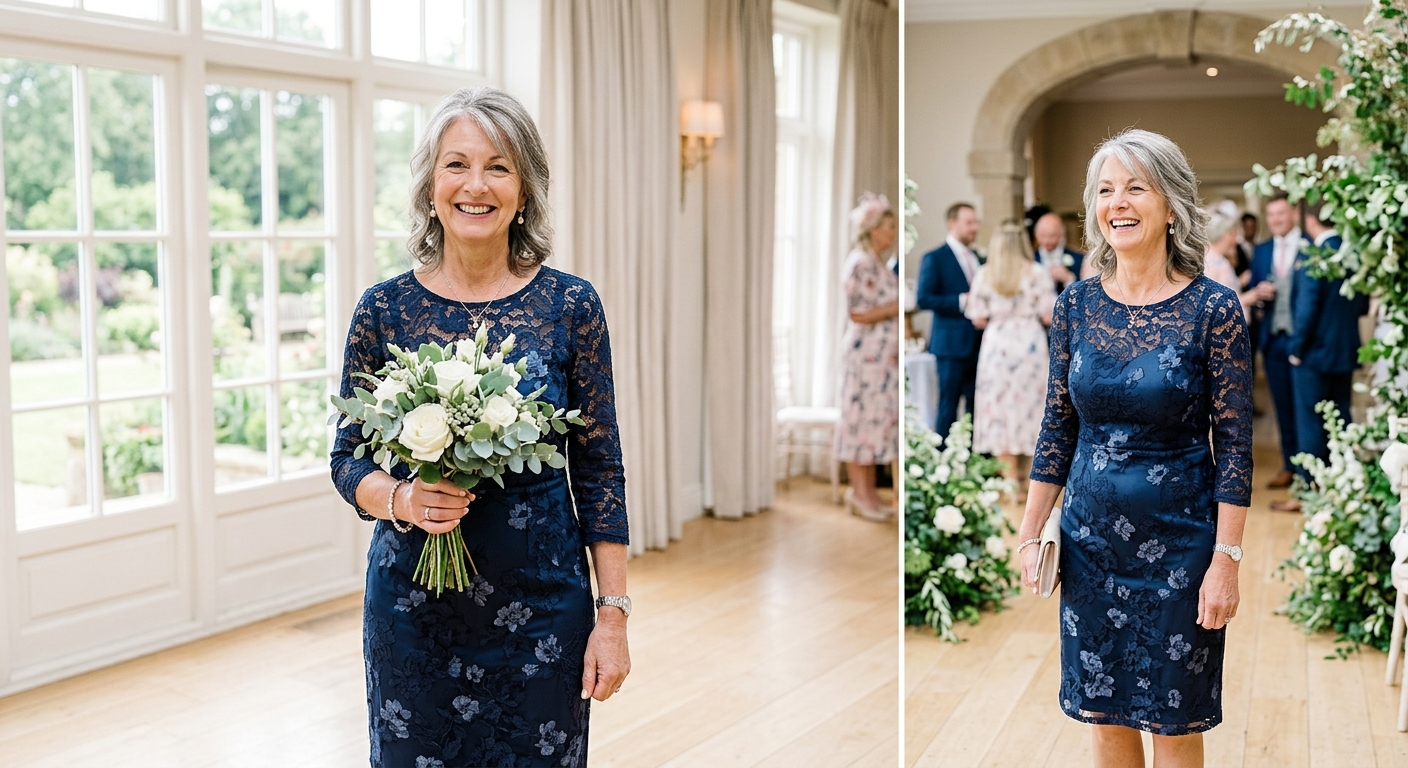 Hero lifestyle shot: Mother of the Bride in a bright, clean setting, natural light, editorial photography style — for mo