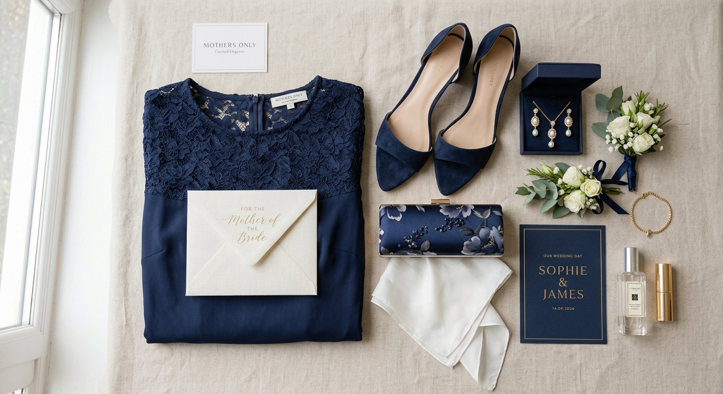 Detail close-up or styled flat-lay of Mother of the Bride with complementary accessories on a clean surface — for mother