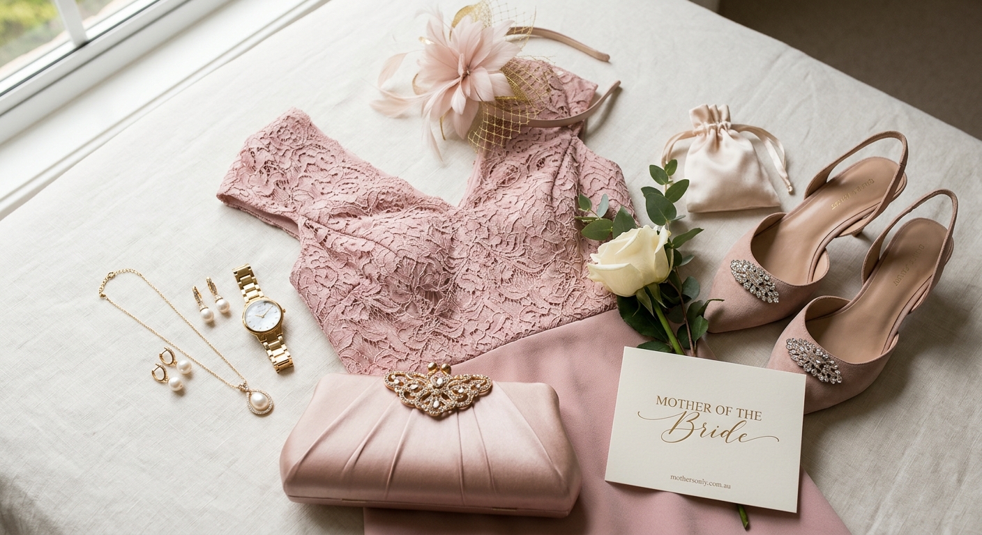Detail close-up or styled flat-lay of Mother of the Bride with complementary accessories on a clean surface — for mother