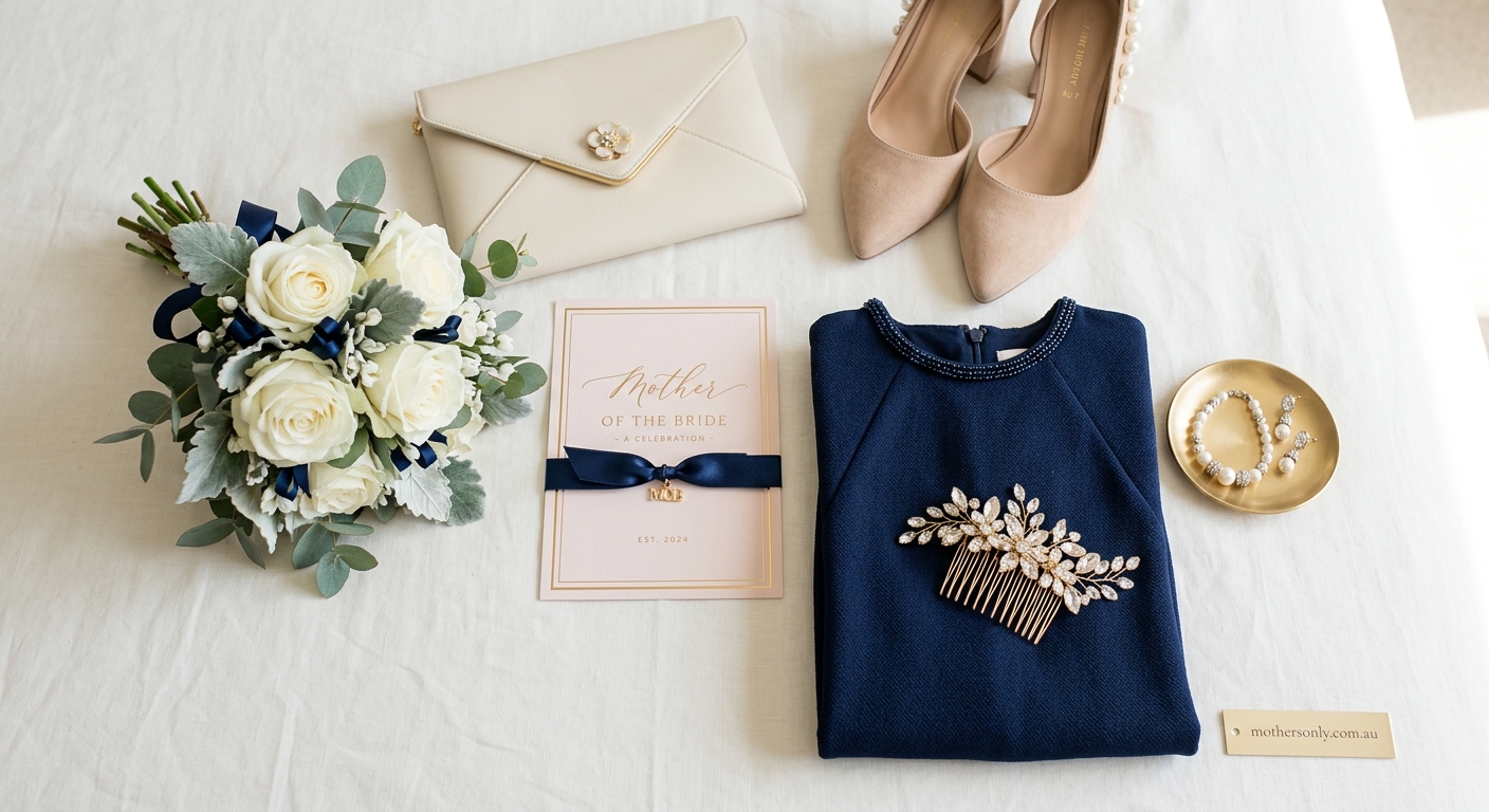 Detail close-up or styled flat-lay of Mother of the Bride with complementary accessories on a clean surface — for mother