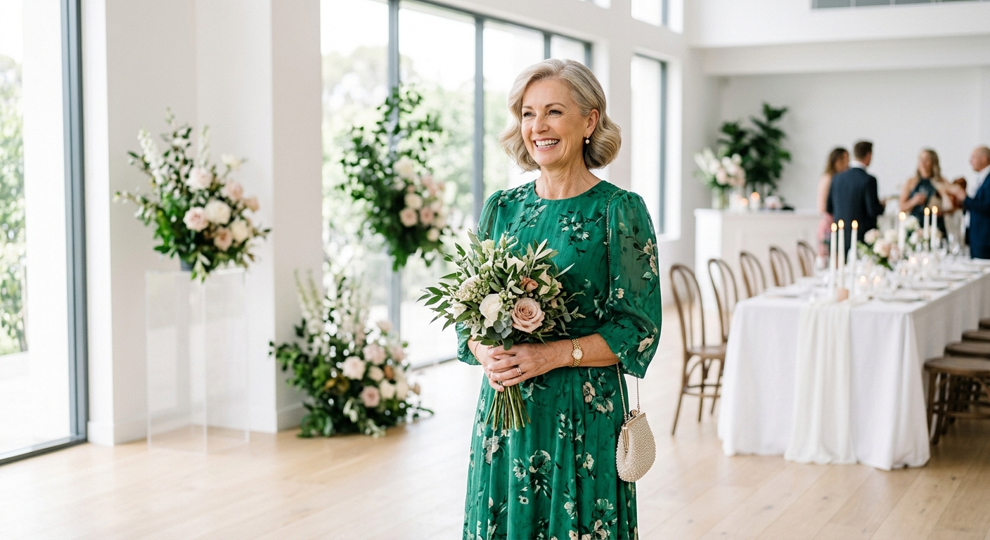 Hero lifestyle shot: Mother of the Groom in a bright, clean setting, natural light, editorial photography style