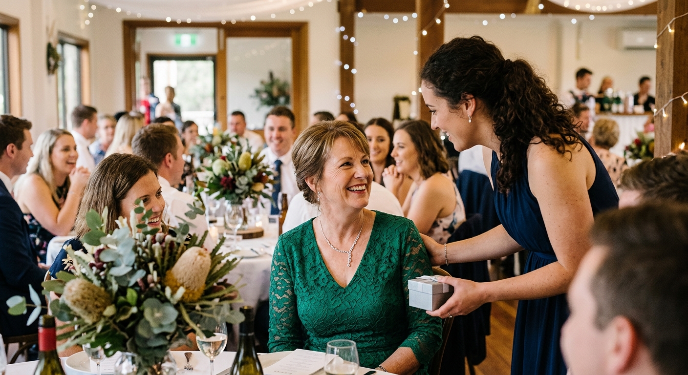 Mid-article supporting image: person interacting with or selecting Mother of the Groom, warm authentic moment