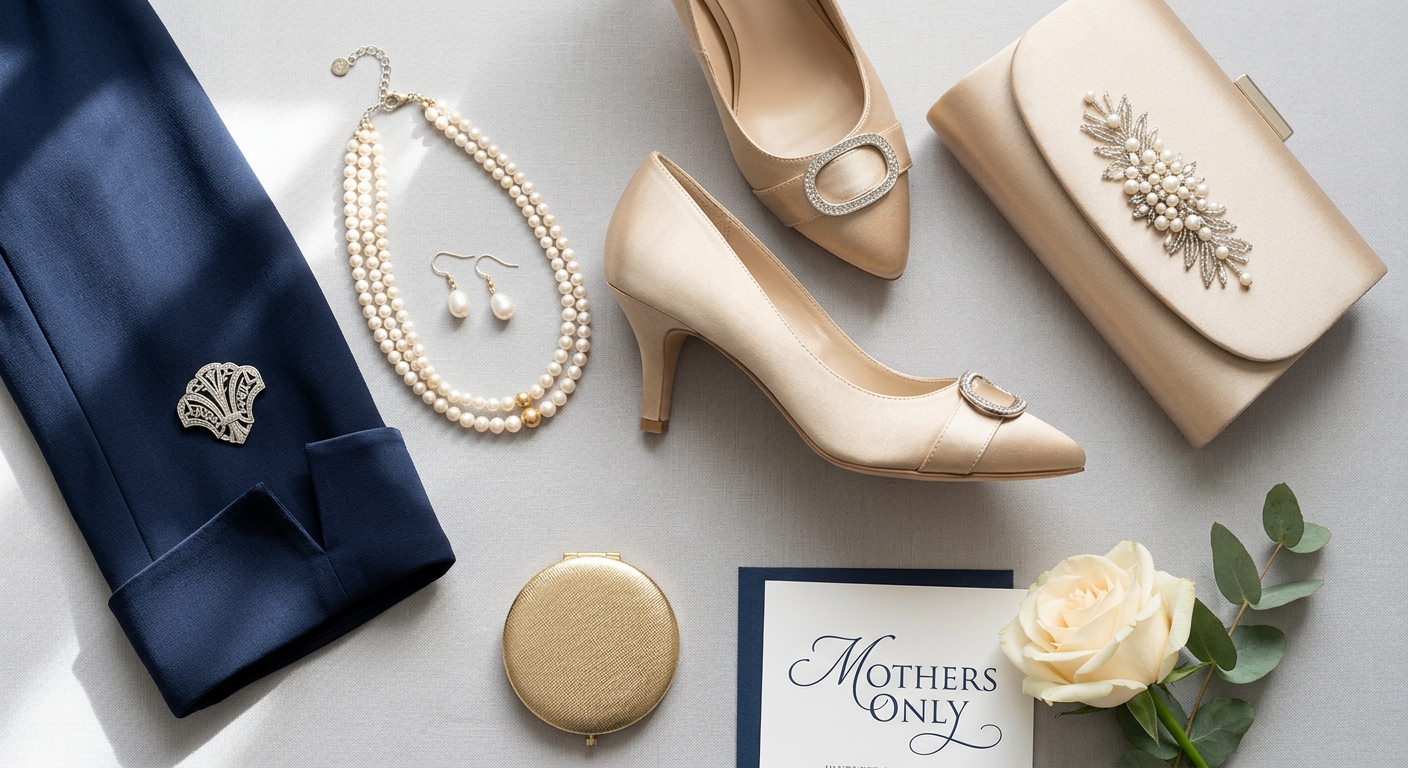 Detail close-up or styled flat-lay of Mother of the Groom with complementary accessories on a clean surface