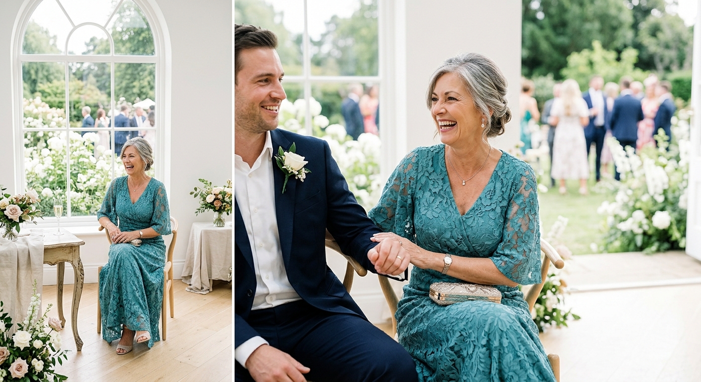 Hero lifestyle shot: Mother of the Groom in a bright, clean setting, natural light, editorial photography style — for mo