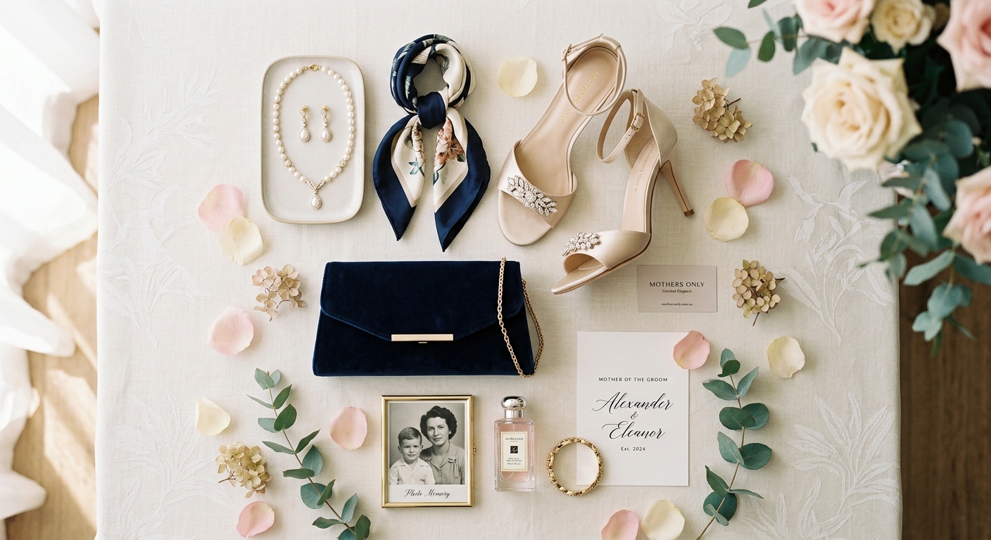 Detail close-up or styled flat-lay of Mother of the Groom with complementary accessories on a clean surface — for mother