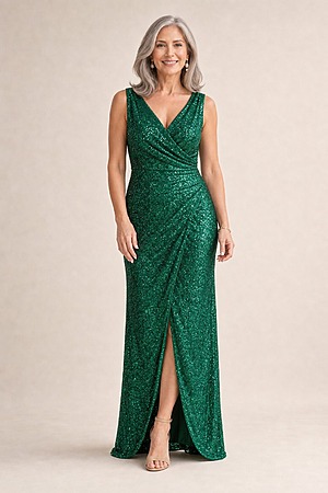 Alexandria Emerald Sequin Evening Gown by Tania Olsen mother of the bride dress on model