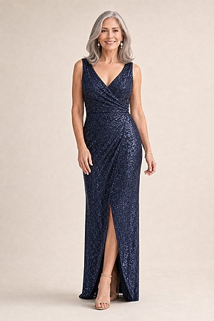 Alexandria Navy Sequin Evening Gown by Tania Olsen mother of the bride dress on model