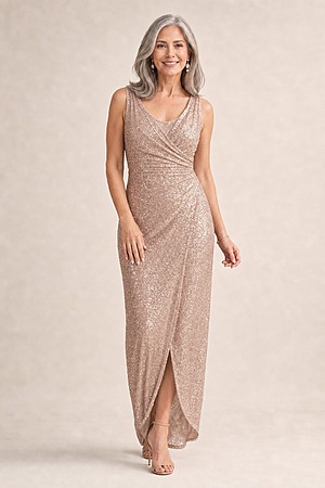 Alexandria Rose Pink Sequin Evening Gown by Tania Olsen mother of the bride dress on model