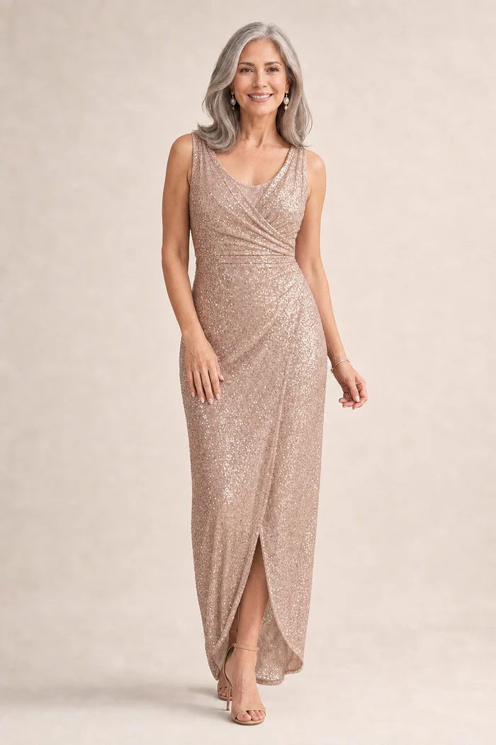 Alexandria Rose Pink Sequin Evening Gown by Tania Olsen mother of the bride dress on model
