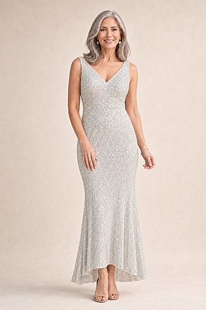 Alexandria Silver Sequin Evening Gown by Tania Olsen mother of the bride dress on model