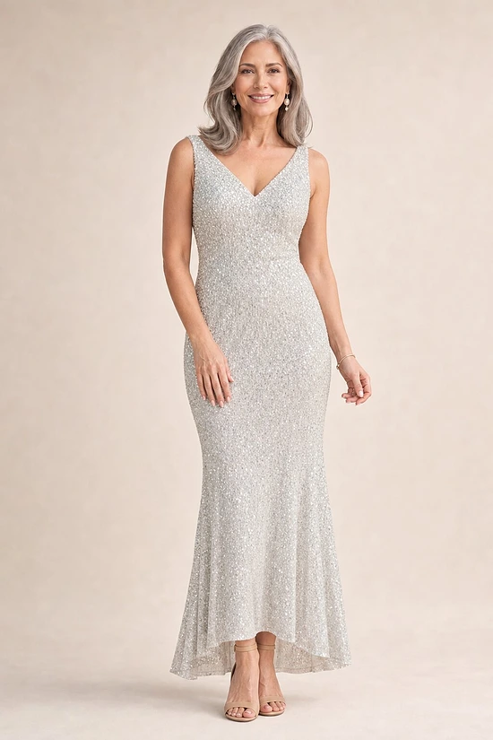 Alexandria Silver Sequin Evening Gown by Tania Olsen mother of the bride dress on model