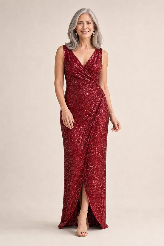 Alexandria Wine Sequin Evening Gown by Tania Olsen mother of the bride dress on model