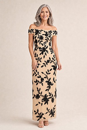 Alice Off Shoulder Black Sequin Nude Gown by Adrianna Papell mother of the bride dress on model