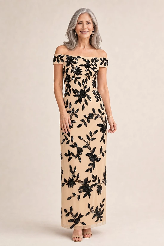 Alice Off Shoulder Black Sequin Nude Gown by Adrianna Papell mother of the bride dress on model