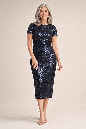 Angie Cocktail Gown by Trellis Lane in Navy mother of the bride dress on model