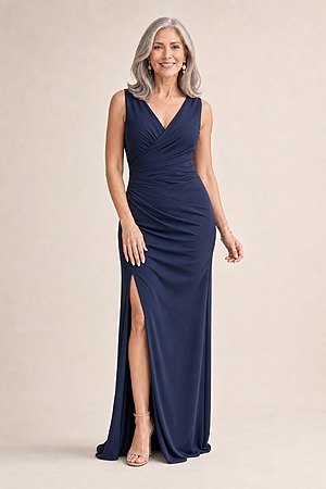 Annette Satin Gown by Tania Olsen - Navy Blue mother of the bride dress on model